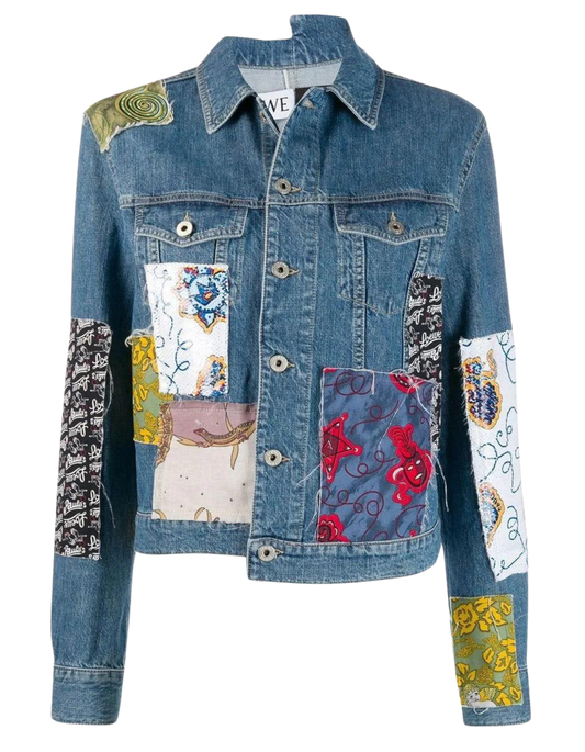 LOEWE Women's Blue Paula's Ibiza Cropped Patchwork Printed Voile and Denim Jacket