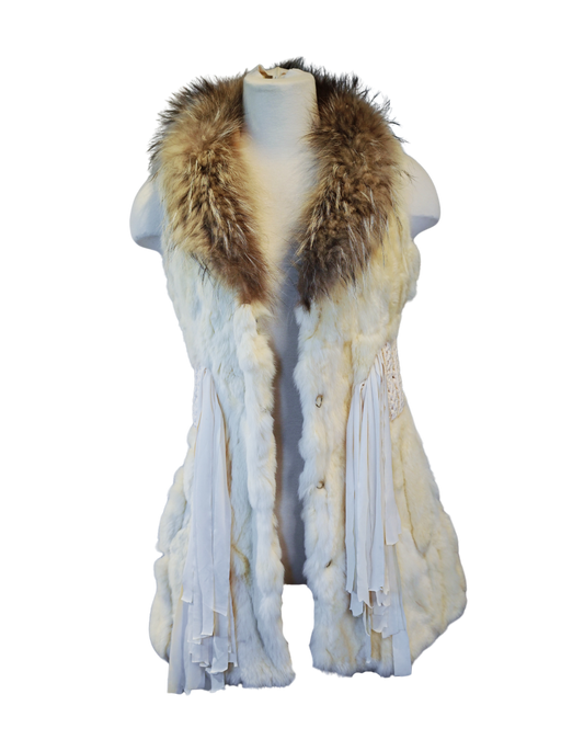 Cream Rabbit Fur Vest with Macramé Details