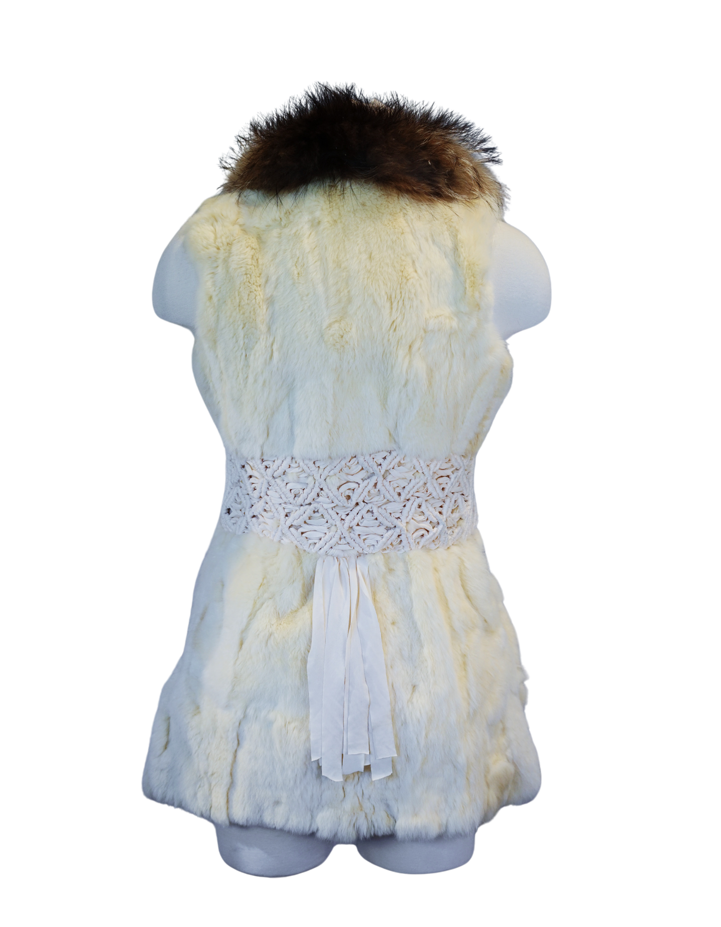 Cream Rabbit Fur Vest with Macramé Details