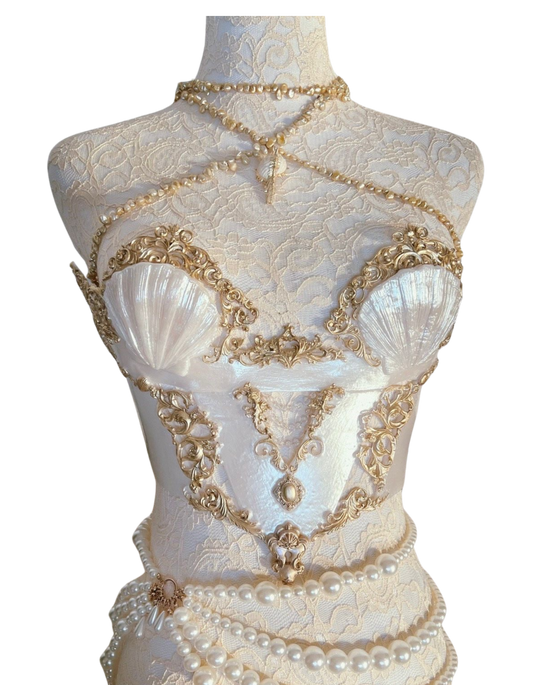 Pearl and Pearlescent Bralette with Gold Venetian Details and Shell Bra Cups