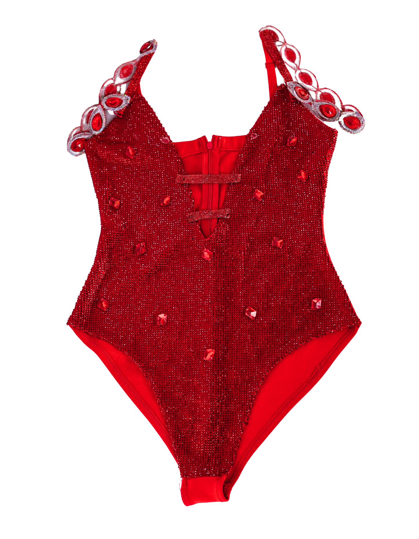 Red Crystal-Covered Bodysuit - Handworked Design