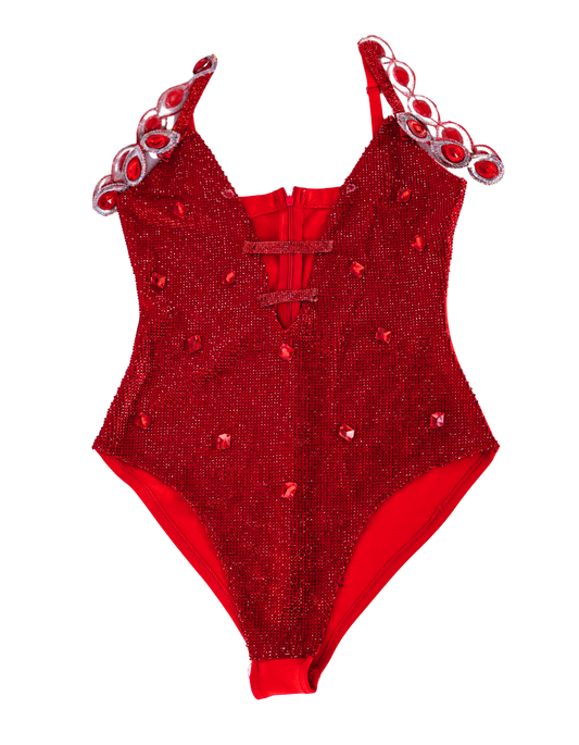 Red Crystal-Covered Bodysuit - Handworked Design