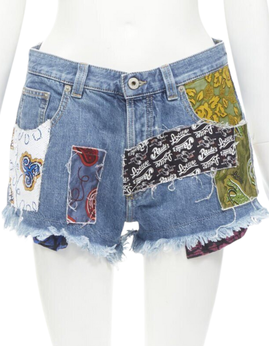 LOEWE Paula's Ibiza Blue Denim Sequin Patchwork Cut Off Shorts - FR36/S