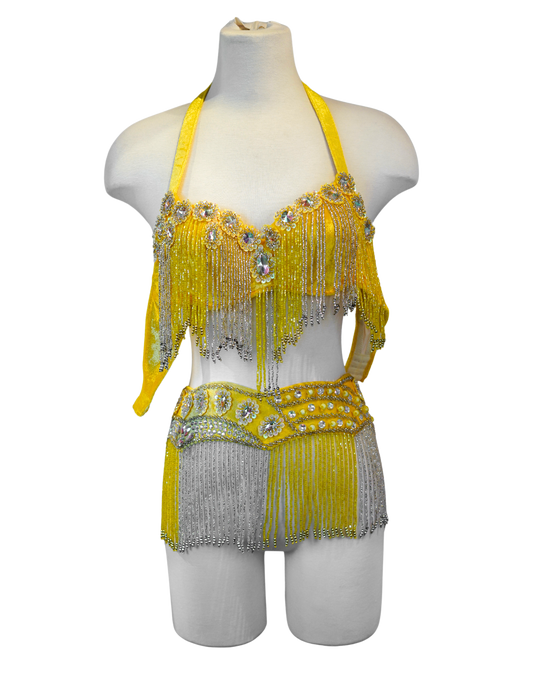 Yellow Belly Dance Festival Bra and Skirt with Beaded Fringe