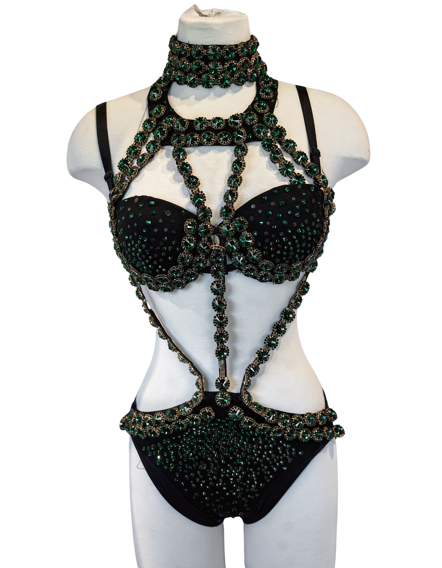 Handcrafted Black Bejeweled Festival Bodysuit with Green Gems