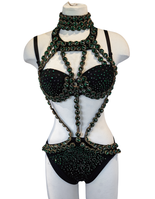 Handcrafted Black Bejeweled Festival Bodysuit with Green Gems