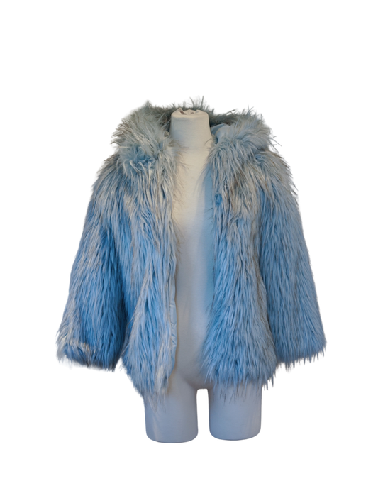 Steel Blue and Sparse Black Accent Mixed Faux Fur Coat with Hood