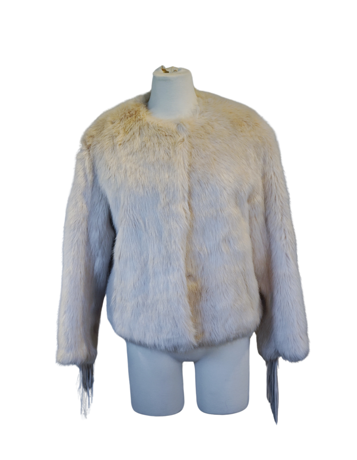 Beige Fur Coat with Leather Fringe Sleeves and Snap Closure