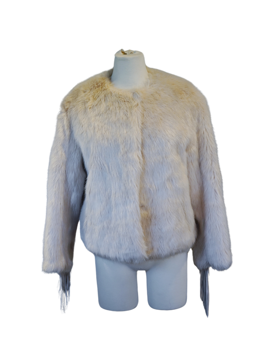 Beige Fur Coat with Leather Fringe Sleeves and Snap Closure