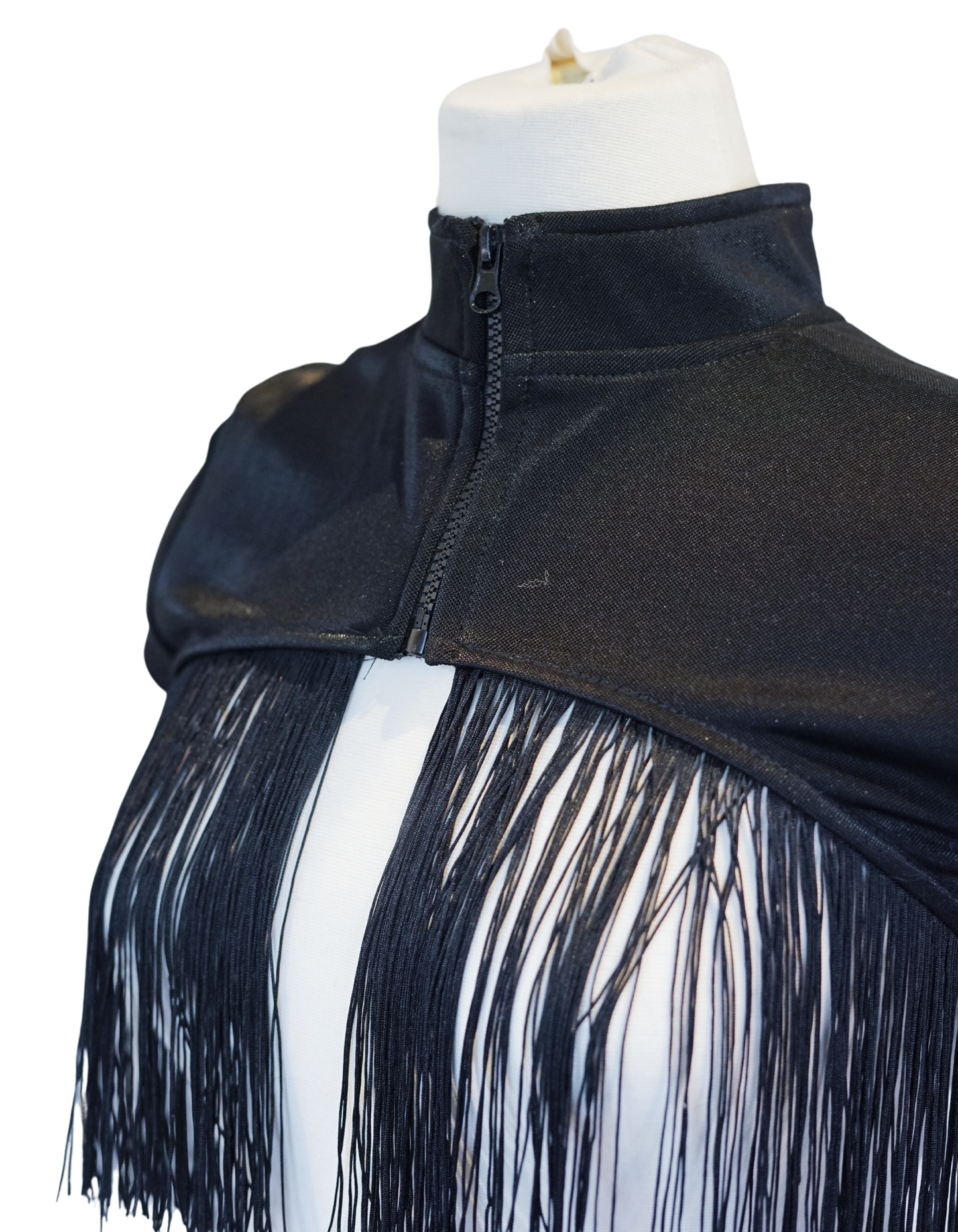 Black Short Sleeve Zip-Up Shrug with Fringe Trim