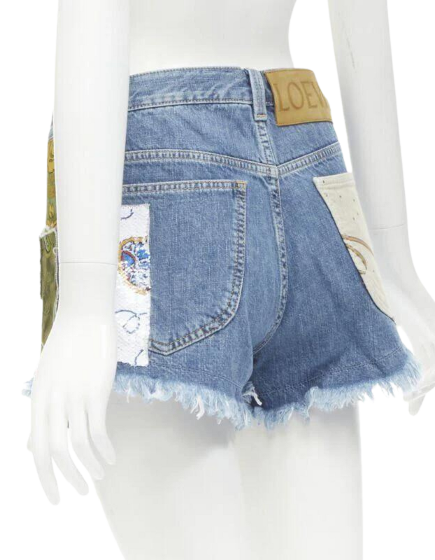 LOEWE Paula's Ibiza Blue Denim Sequin Patchwork Cut Off Shorts - FR36/S