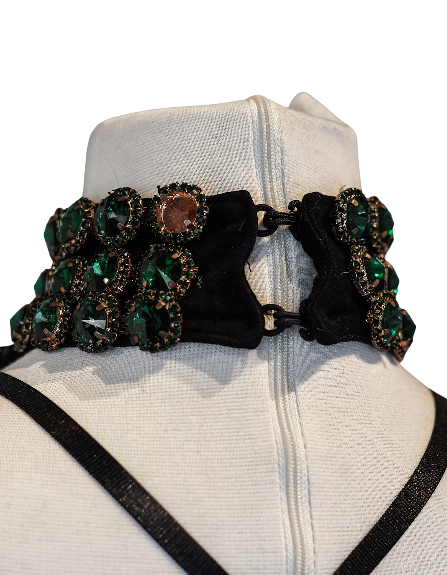 Handcrafted Black Bejeweled Festival Bodysuit with Green Gems