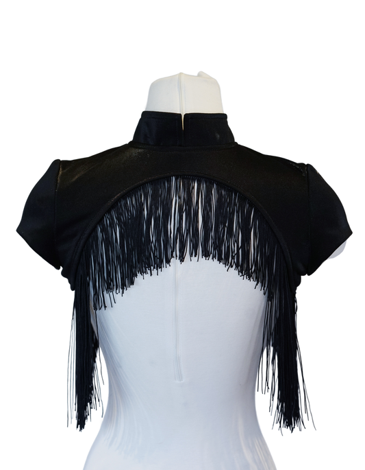 Black Short Sleeve Zip-Up Shrug with Fringe Trim