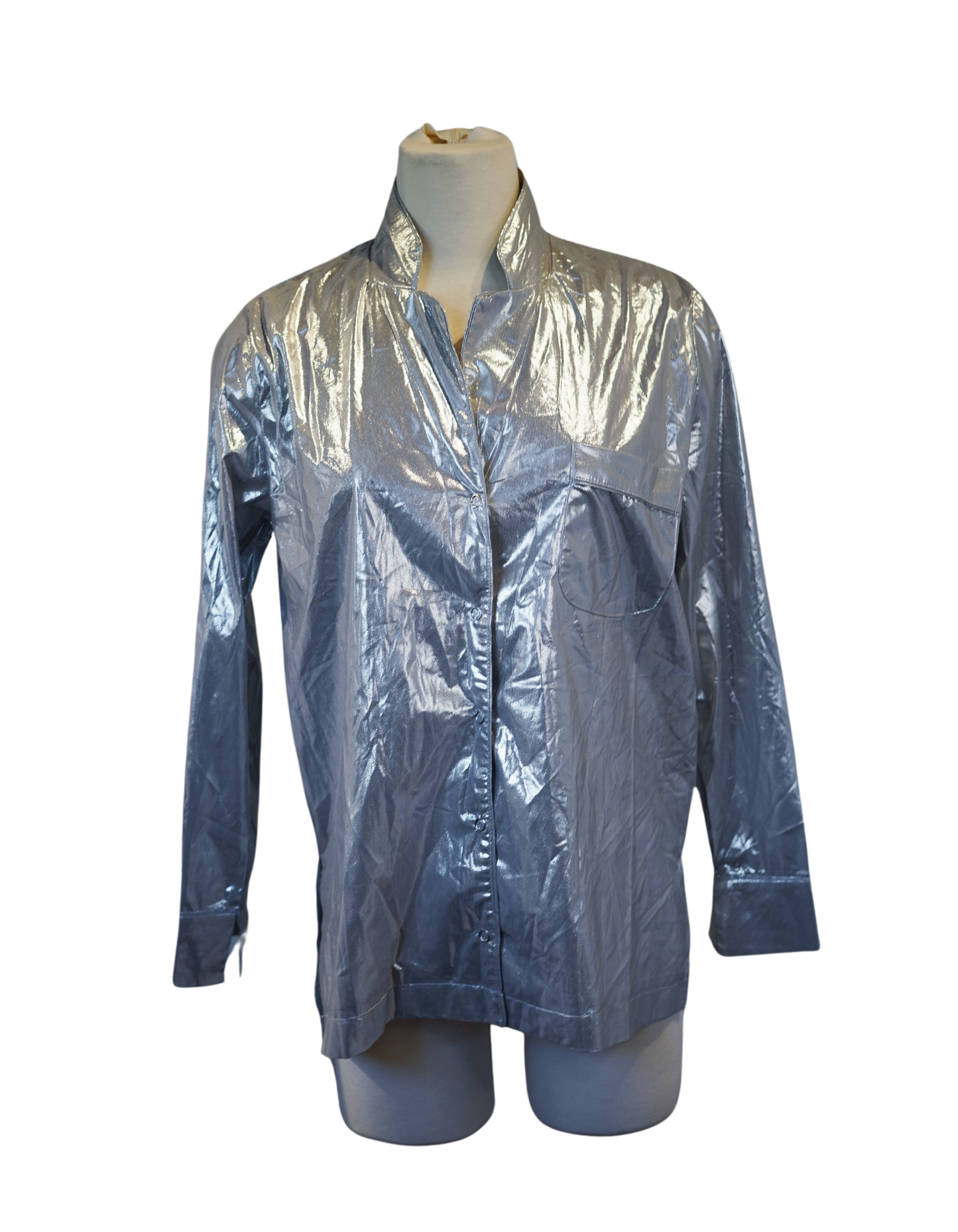 Silver Shiny Pajama-Style Shirt with Snap-Up Closure and Front Pocket