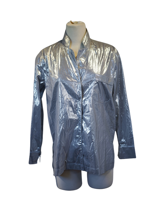 Silver Shiny Pajama-Style Shirt with Snap-Up Closure and Front Pocket