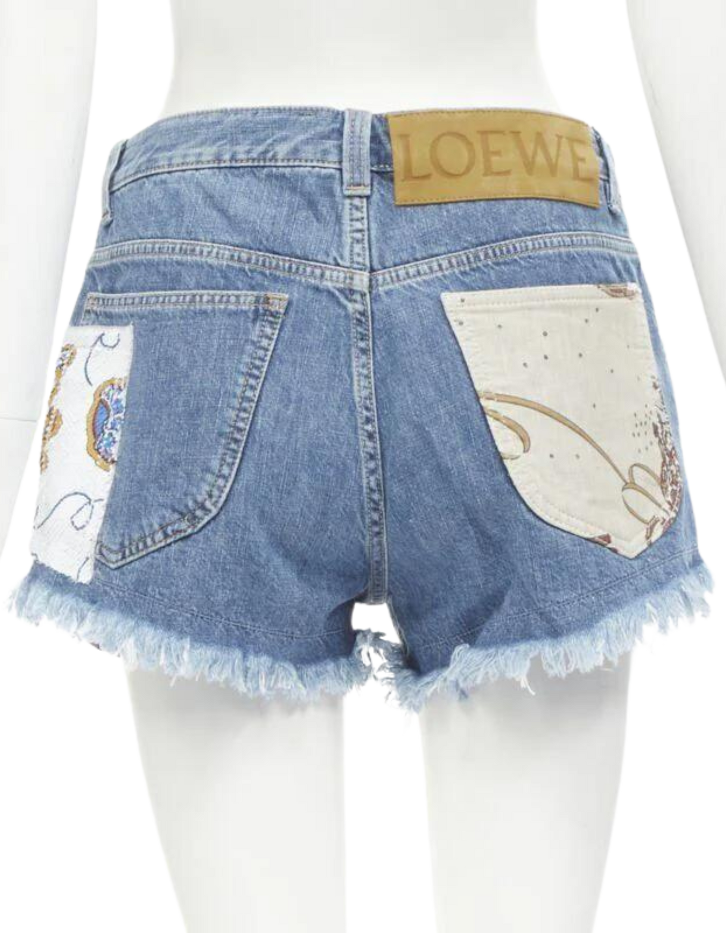 LOEWE Paula's Ibiza Blue Denim Sequin Patchwork Cut Off Shorts - FR36/S