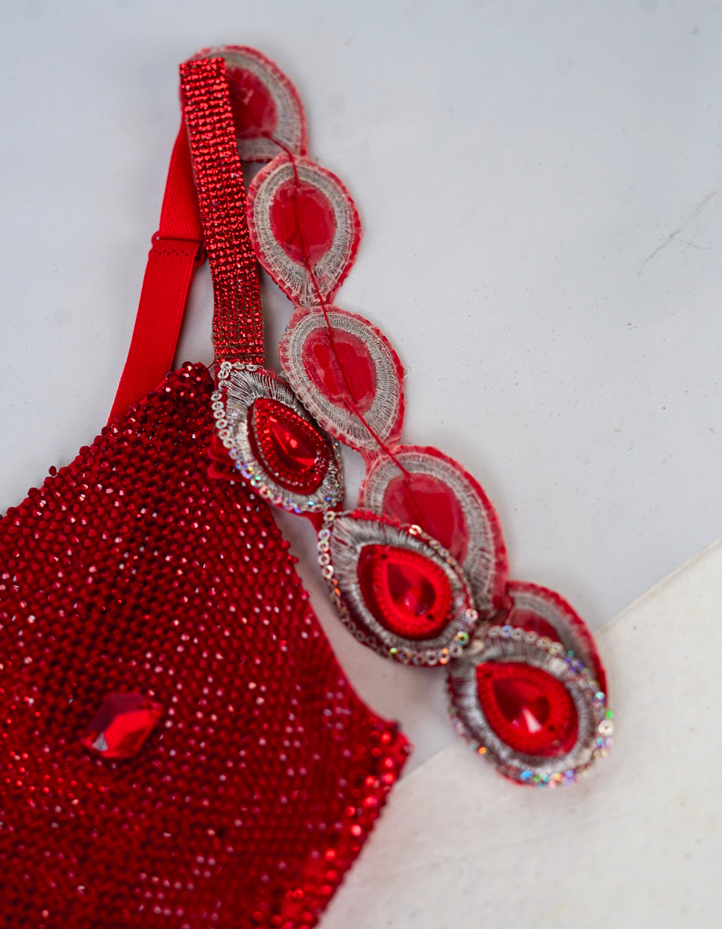 Red Crystal-Covered Bodysuit - Handworked Design