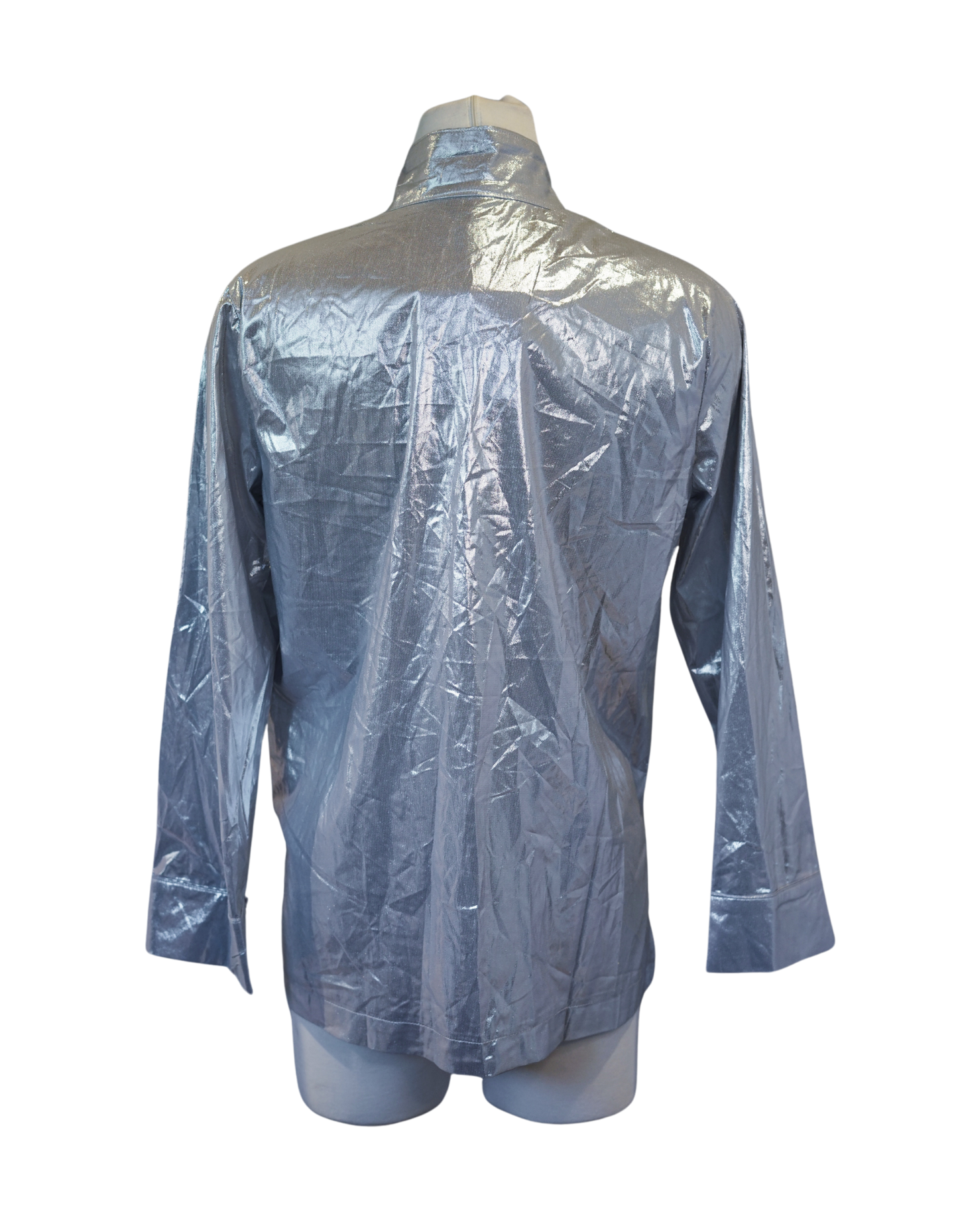 Silver Shiny Pajama-Style Shirt with Snap-Up Closure and Front Pocket