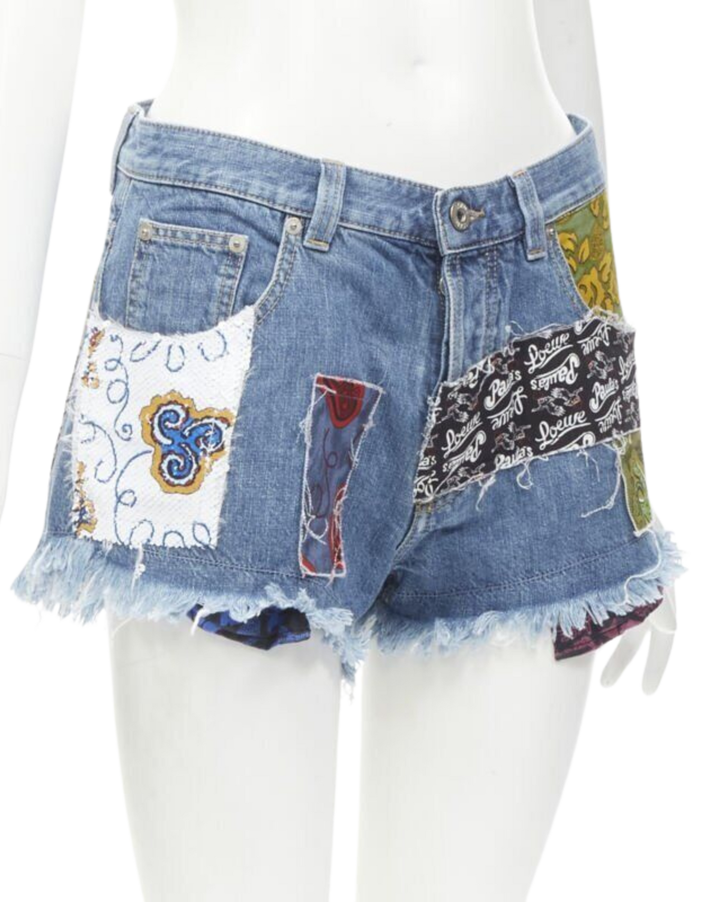 LOEWE Paula's Ibiza Blue Denim Sequin Patchwork Cut Off Shorts - FR36/S