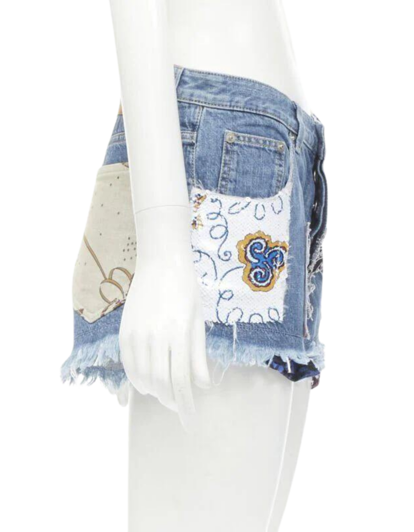 LOEWE Paula's Ibiza Blue Denim Sequin Patchwork Cut Off Shorts - FR36/S