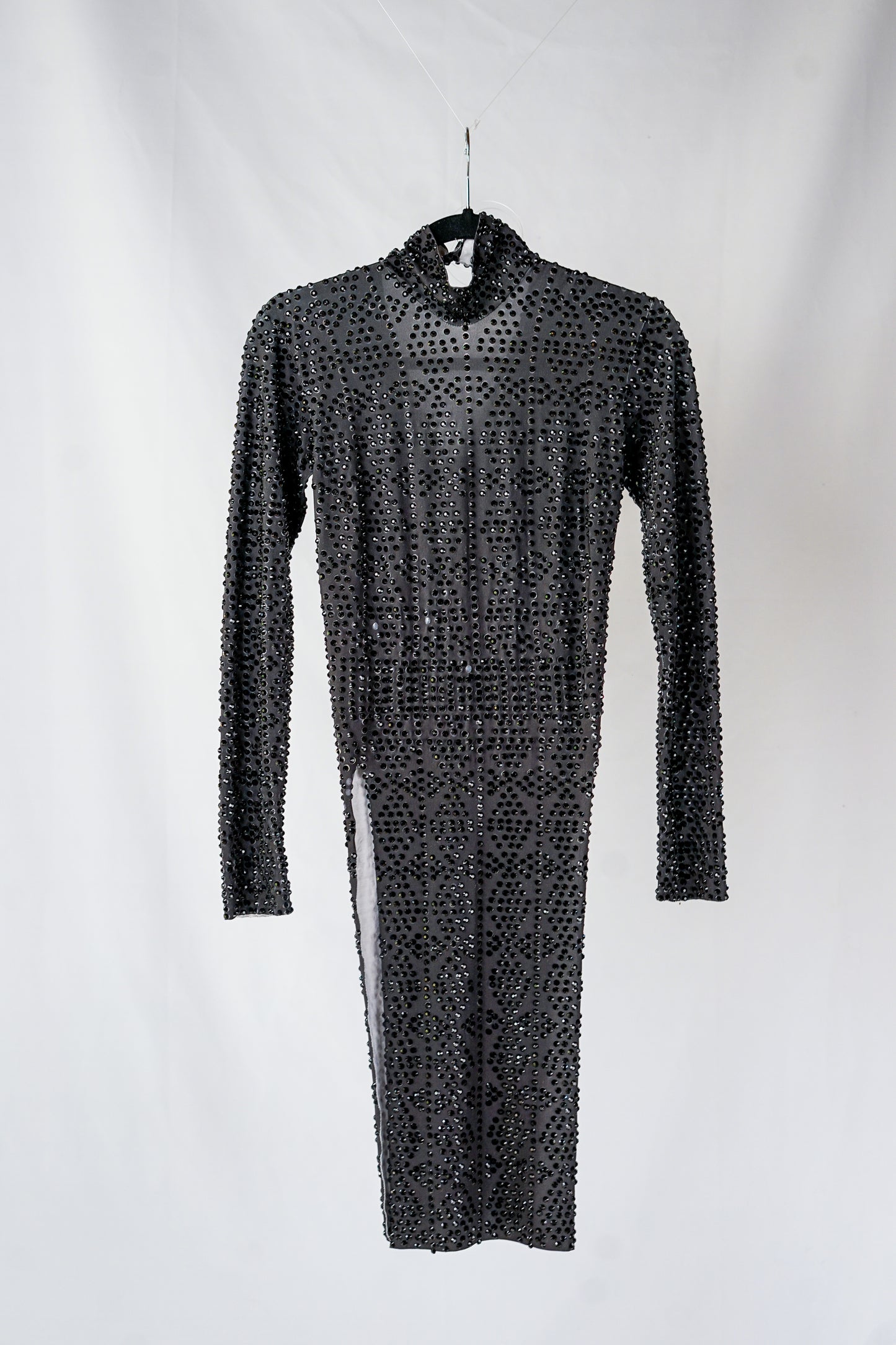 Black Rhinestone Turtleneck Long Sleeve Dress with Thigh-High Slits