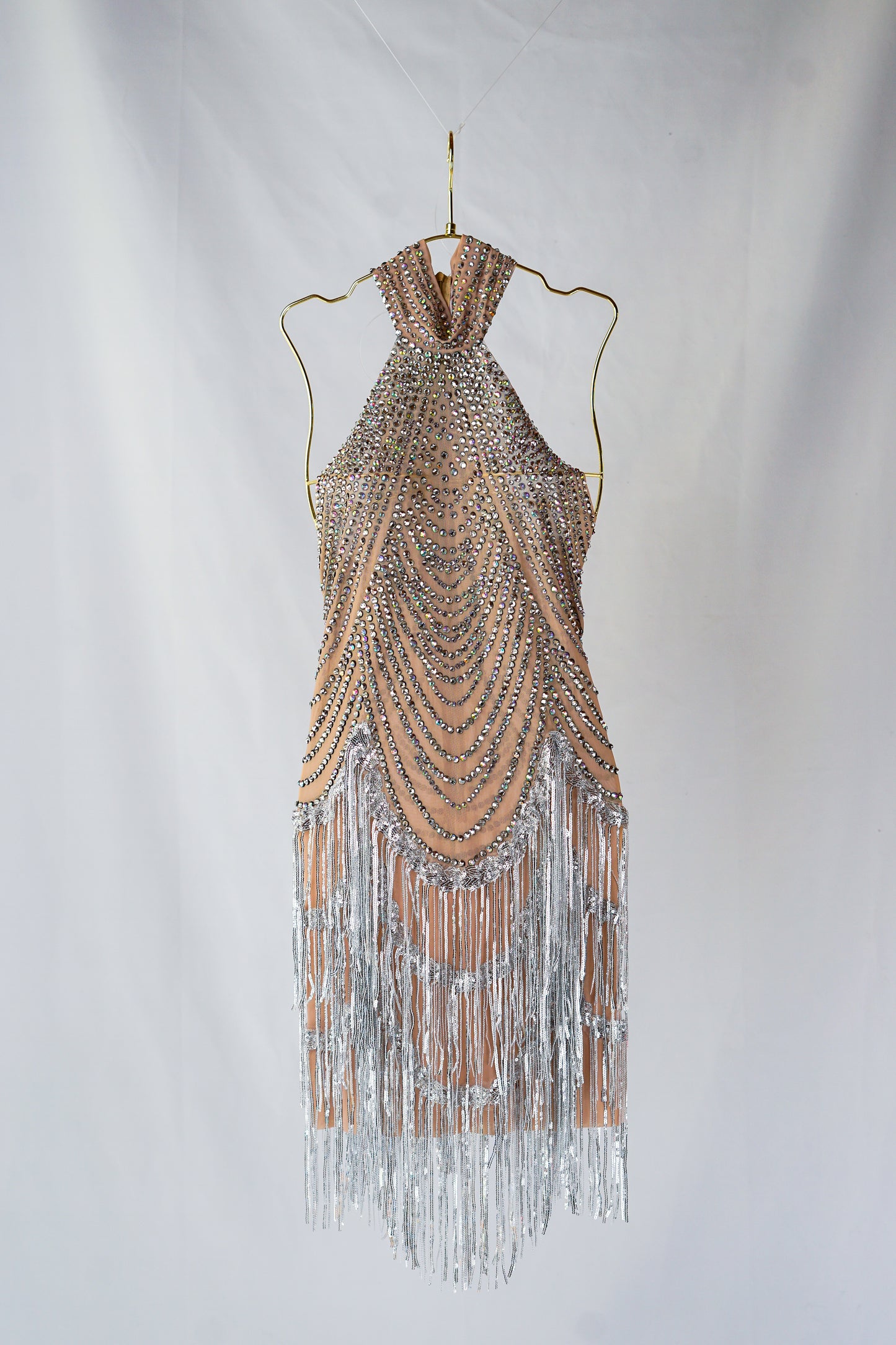 Gatsby-Inspired Nude Color Flapper-Style Dress with Rhinestones