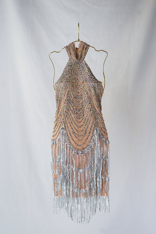 Gatsby-Inspired Nude Color Flapper-Style Dress with Rhinestones