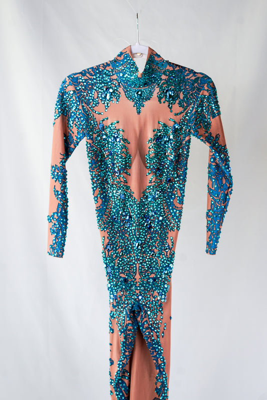 Nude Body Contour Full Bodysuit with Teal Blue Rhinestones