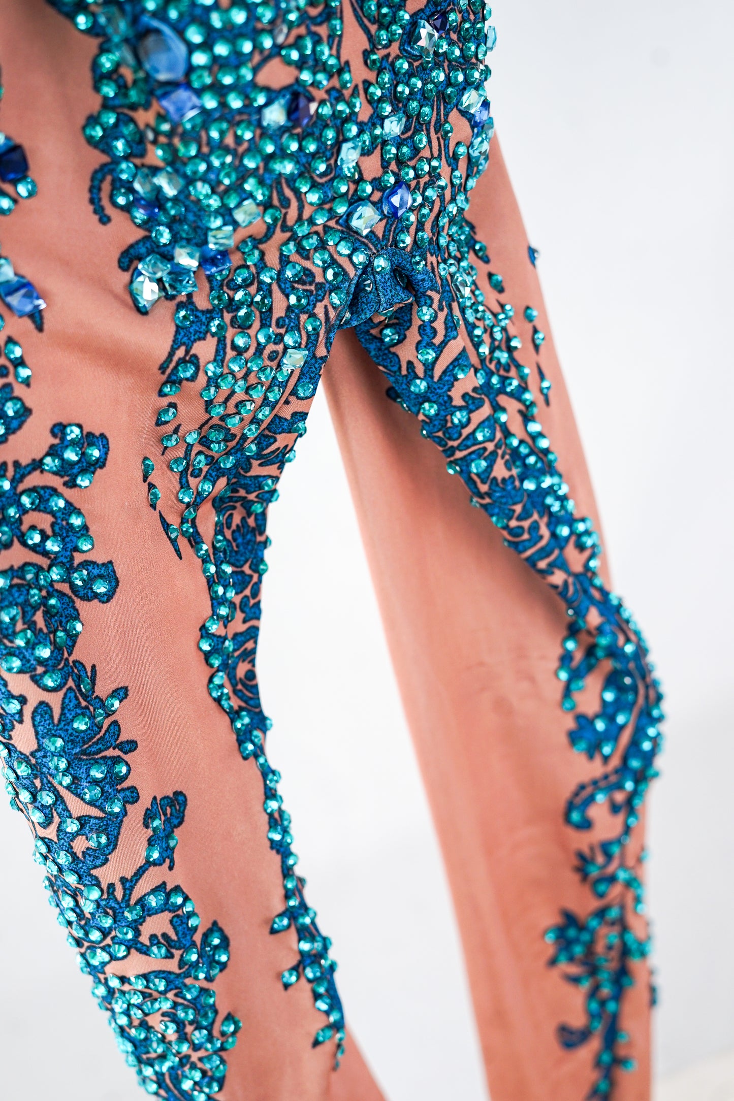 Nude Body Contour Full Bodysuit with Teal Blue Rhinestones