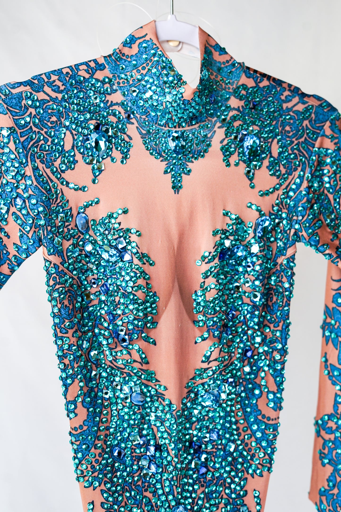 Nude Body Contour Full Bodysuit with Teal Blue Rhinestones