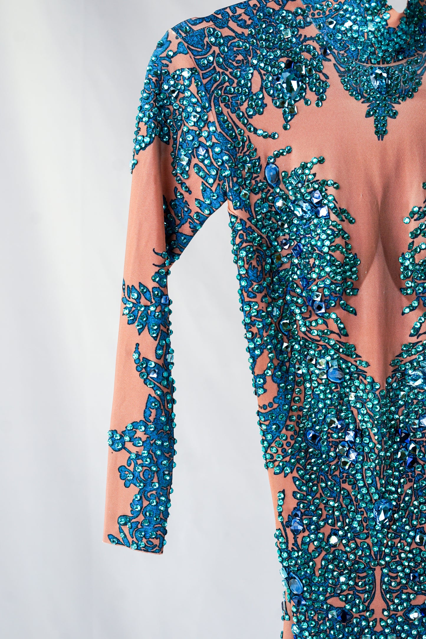 Nude Body Contour Full Bodysuit with Teal Blue Rhinestones