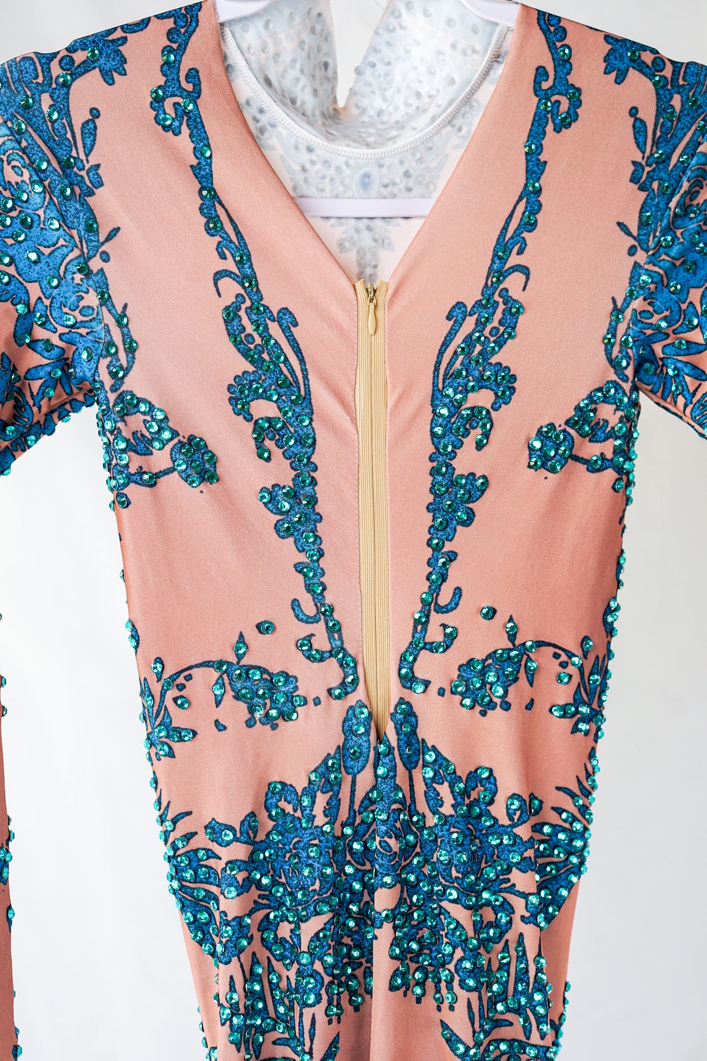 Nude Body Contour Full Bodysuit with Teal Blue Rhinestones