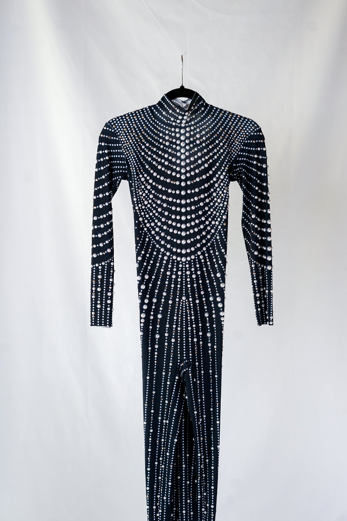 Black Full Bodysuit with Silver Pearl-Shaped Rhinestones