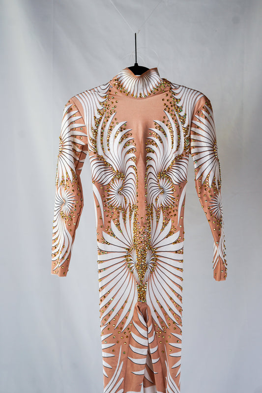 Nude Body Contour Bodysuit with White Swirl Pattern and Gold Rhinestones