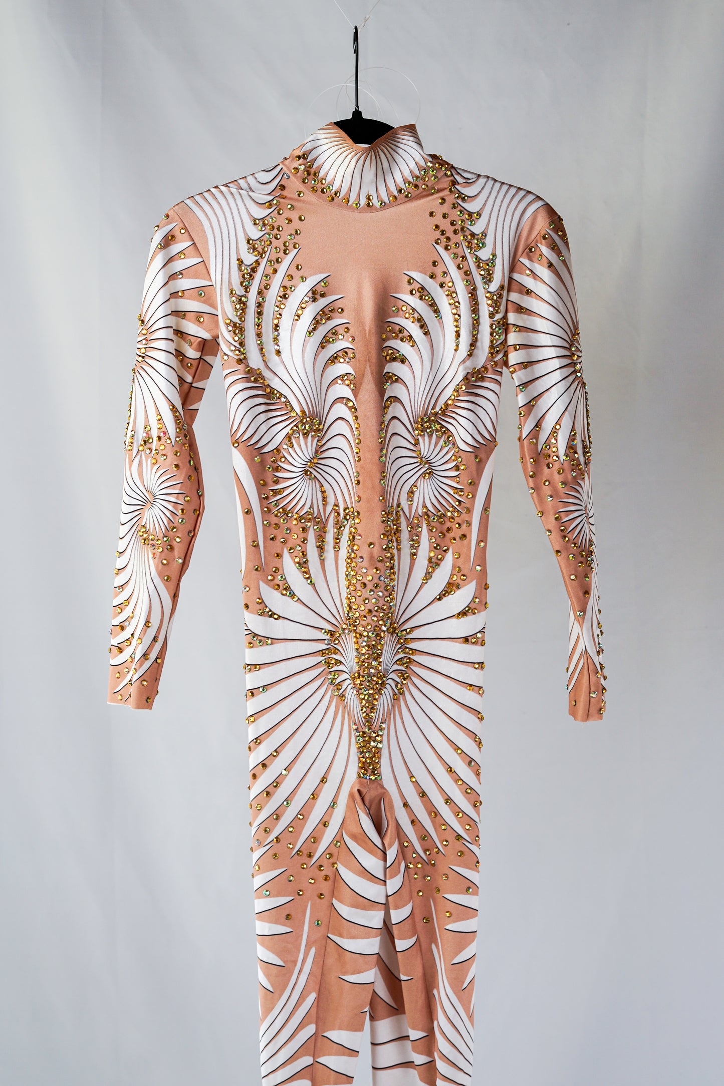 Nude Body Contour Bodysuit with White Swirl Pattern and Gold Rhinestones