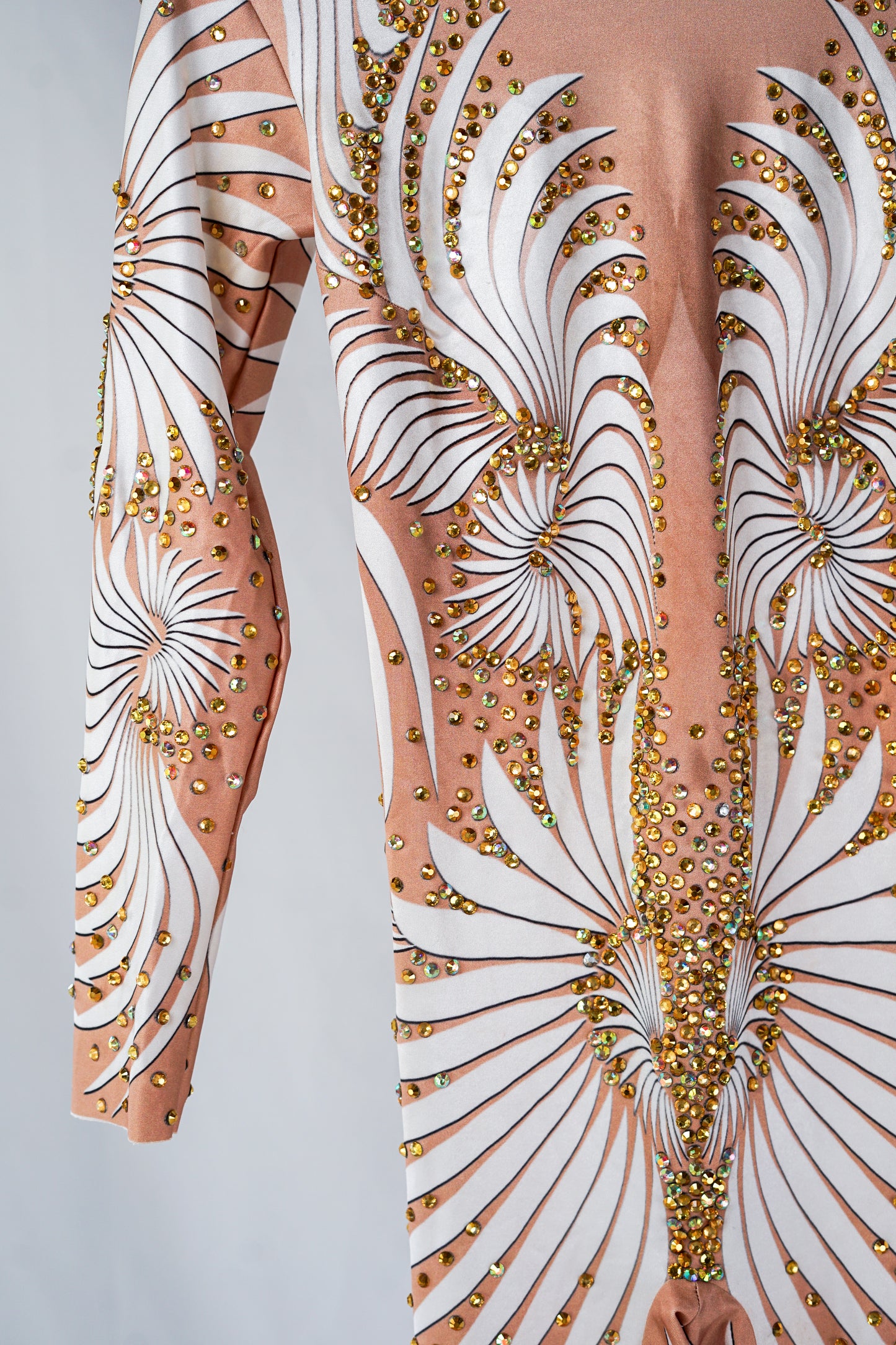 Nude Body Contour Bodysuit with White Swirl Pattern and Gold Rhinestones