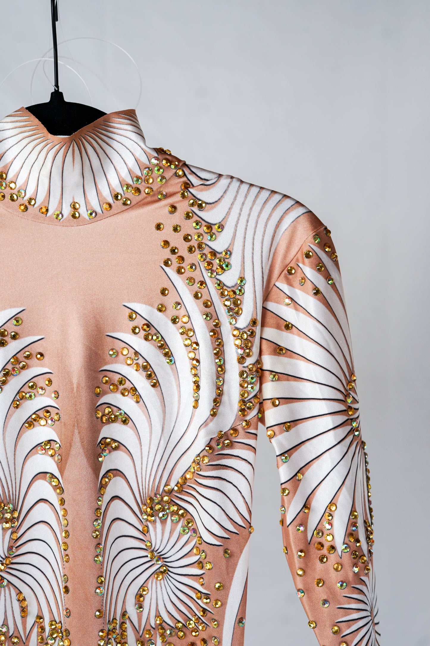 Nude Body Contour Bodysuit with White Swirl Pattern and Gold Rhinestones