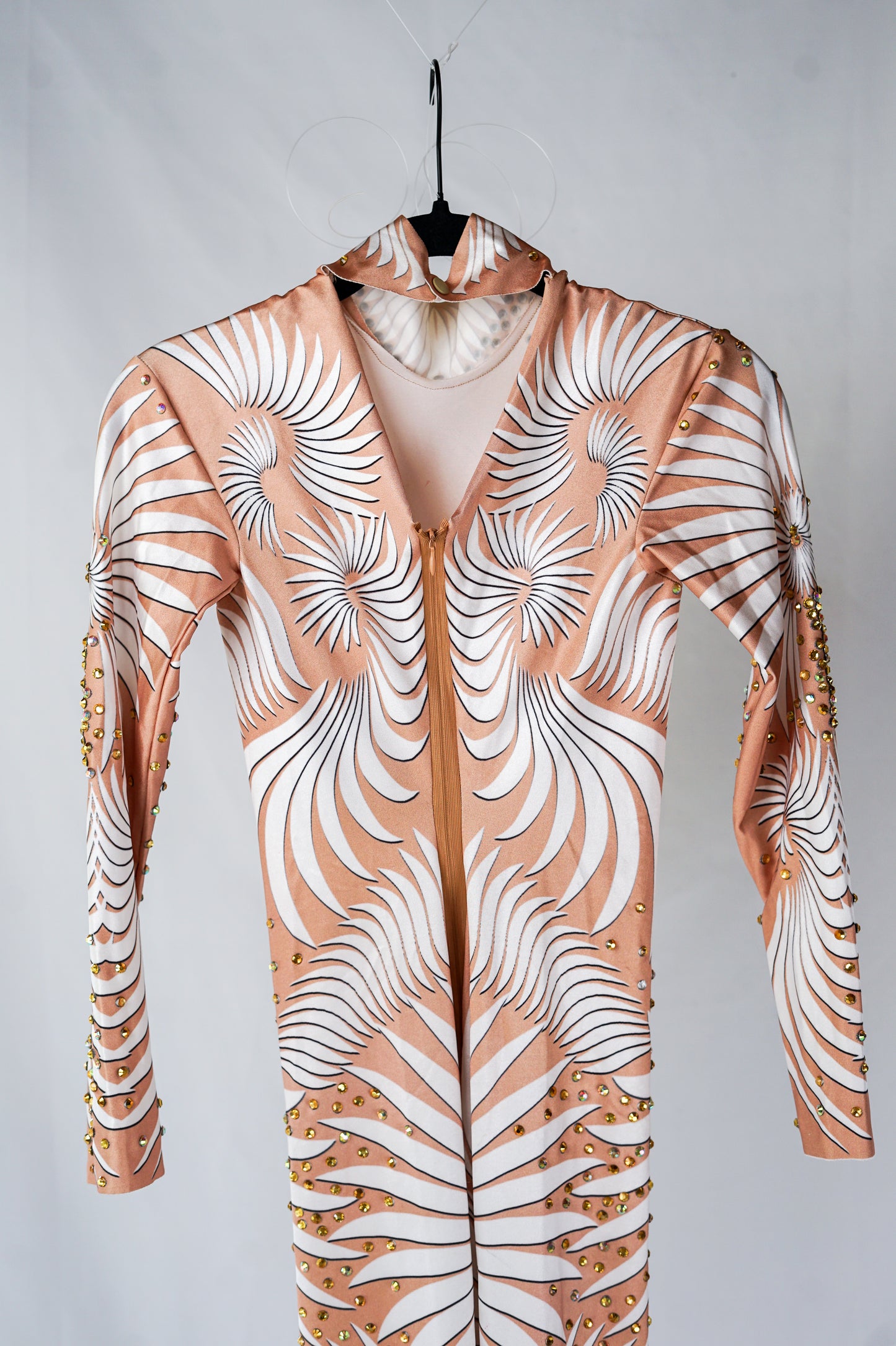 Nude Body Contour Bodysuit with White Swirl Pattern and Gold Rhinestones