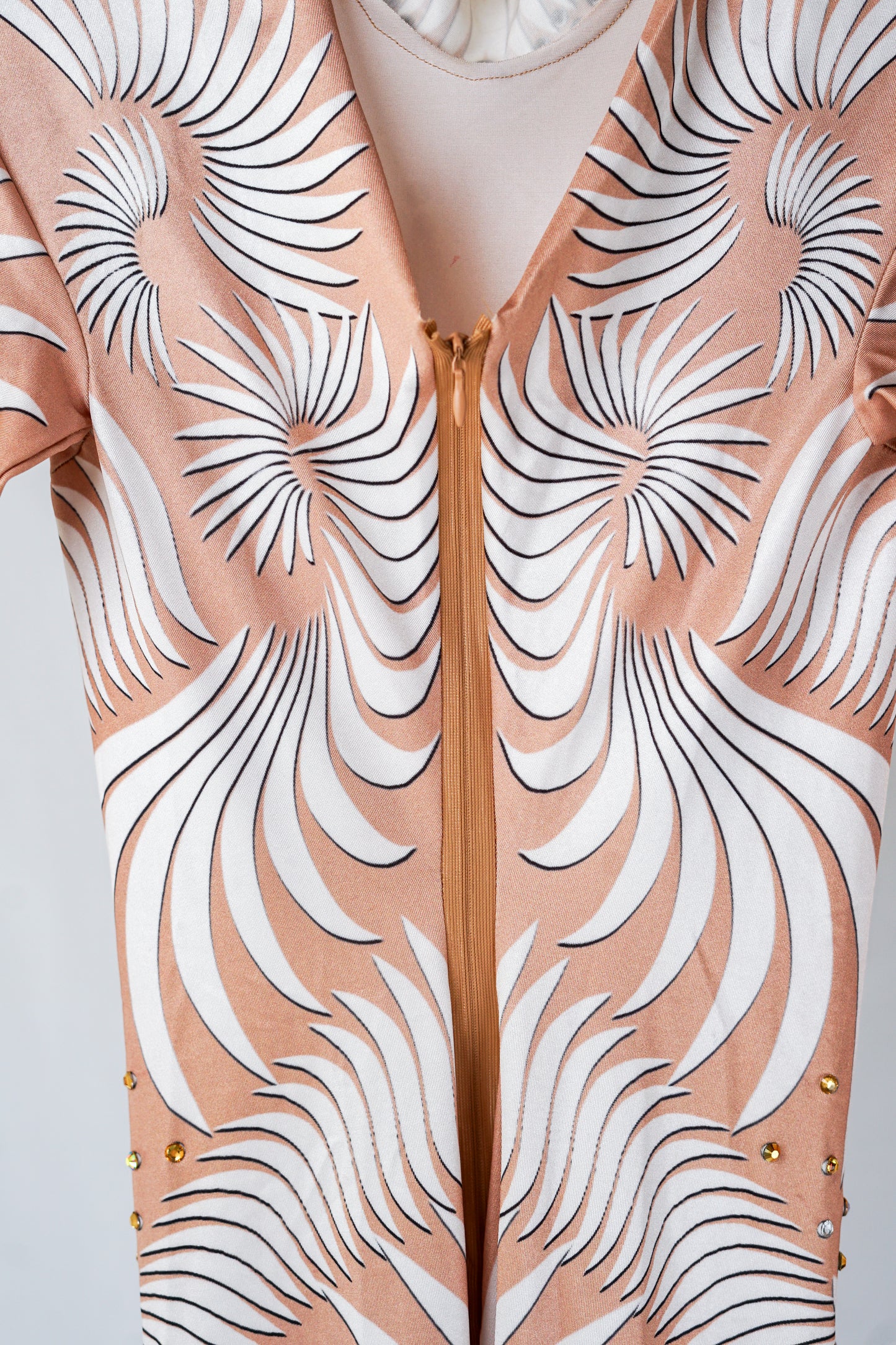 Nude Body Contour Bodysuit with White Swirl Pattern and Gold Rhinestones