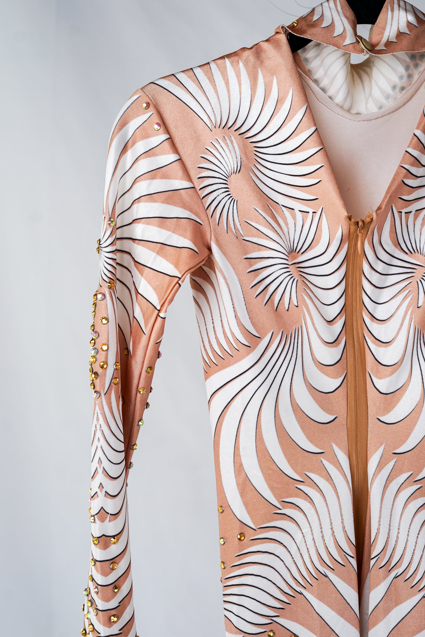 Nude Body Contour Bodysuit with White Swirl Pattern and Gold Rhinestones