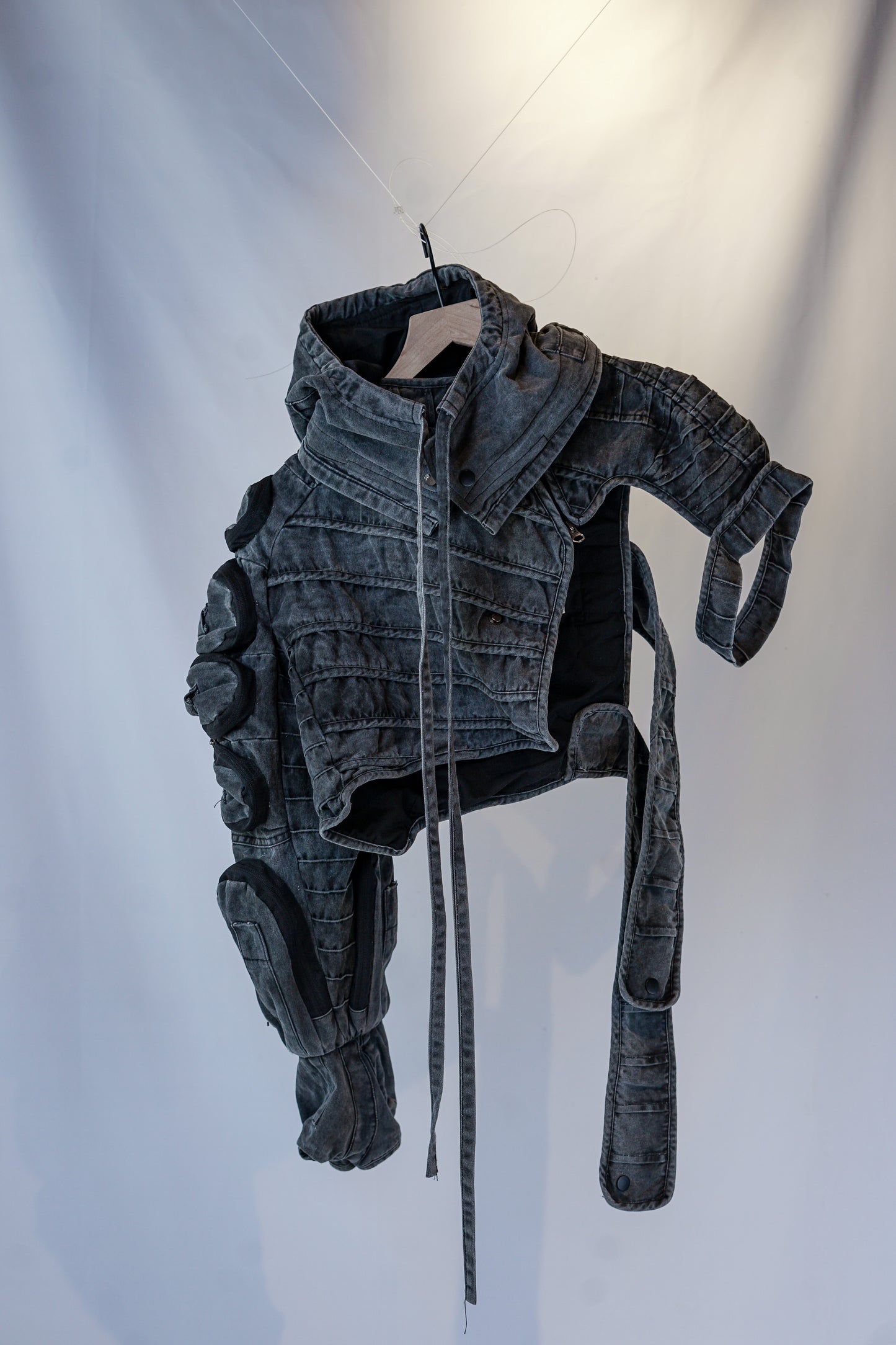 Chaunk Philosophy | Avant-Garde Gray Cropped Jacket with Asymmetric Sleeves