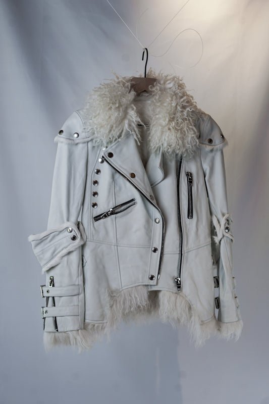 Miss Luxury | White Leather Jacket with Fur Collar and Rabbit Fur Lining