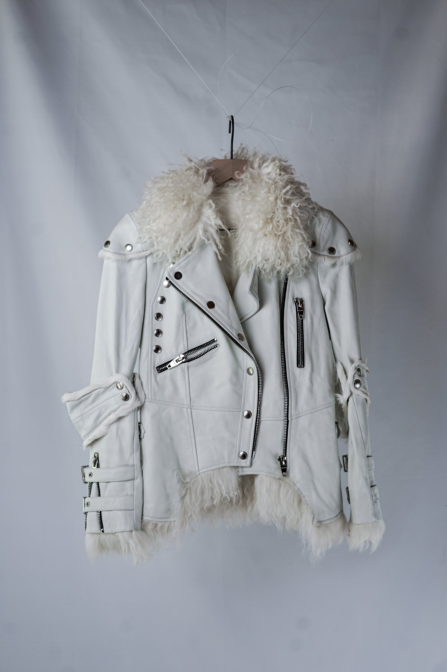 Miss Luxury | White Leather Jacket with Fur Collar and Rabbit Fur Lining