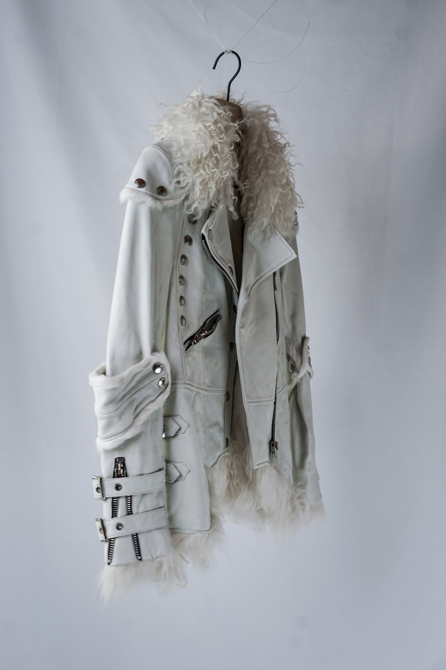 Miss Luxury | White Leather Jacket with Fur Collar and Rabbit Fur Lining