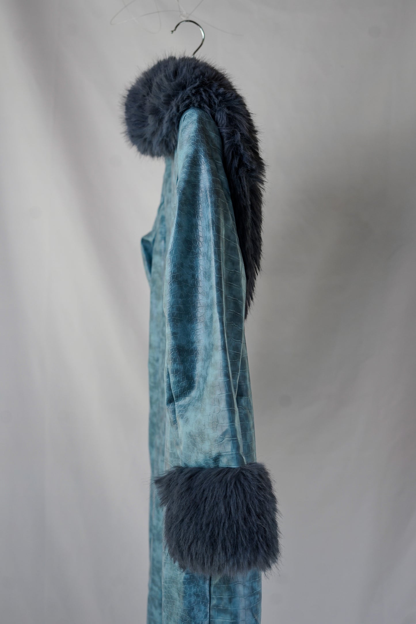 Bangon | Blue Snake Skin Leather Coat with Blue Fur Trim