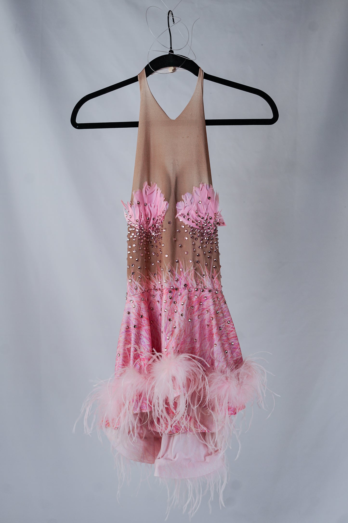 Pink and Tan Bodysuit with Skirt, Rhinestones, and Feathers