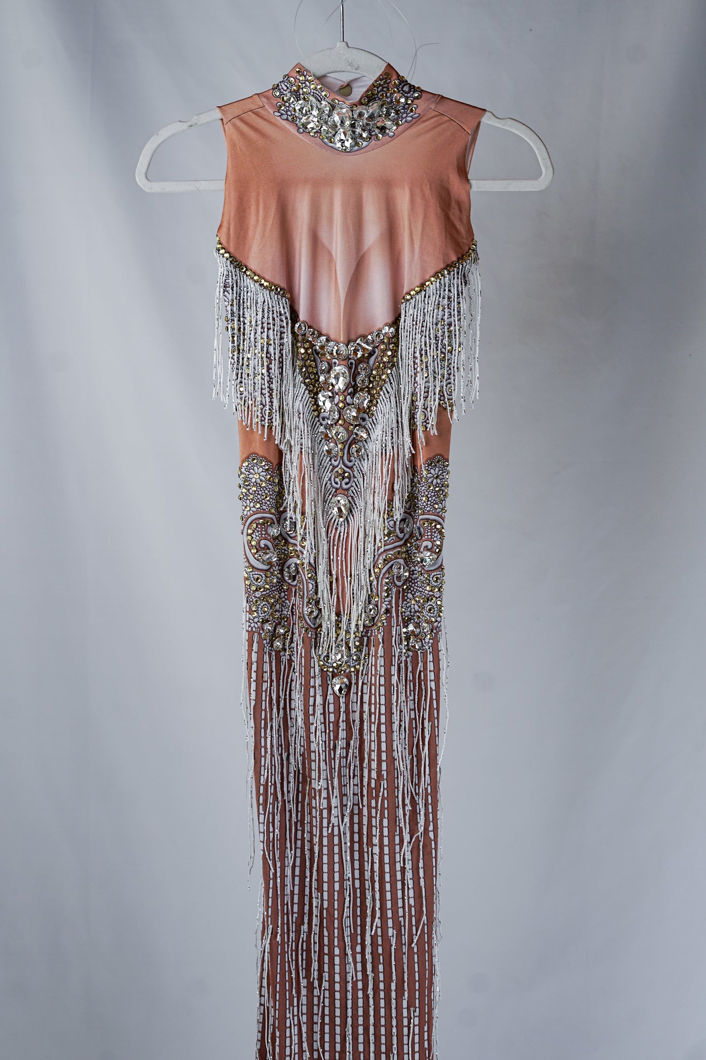 Beige and White Bodycon Maxi Dress with Silver Fringe and Crystals