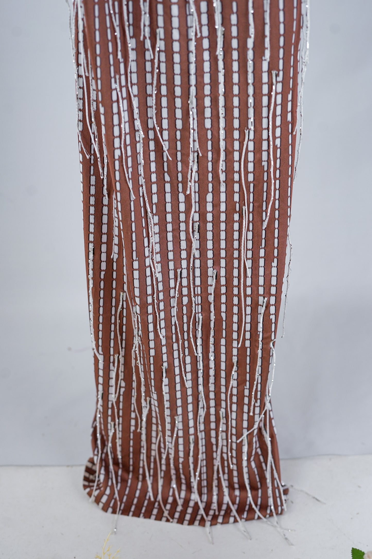 Beige and White Bodycon Maxi Dress with Silver Fringe and Crystals