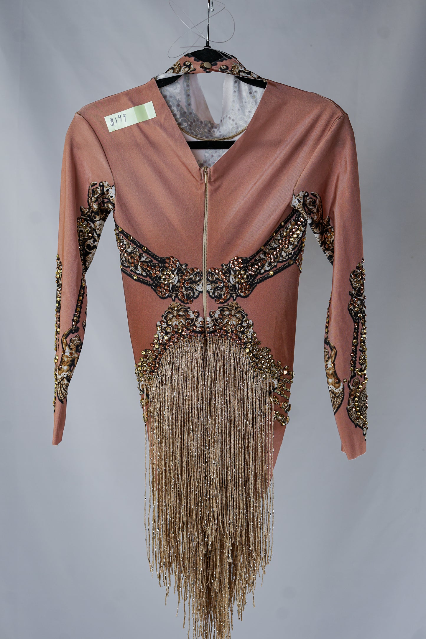 Handmade Gold and Beige Bodysuit with Gold Adornments, Crystals, and Fringe