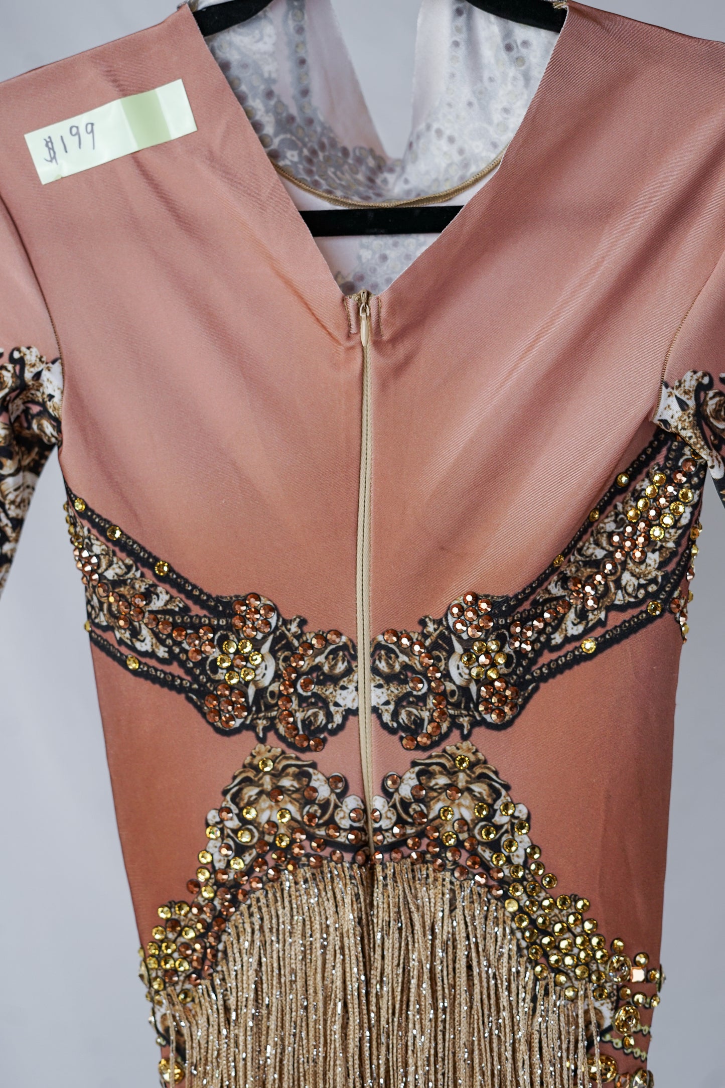 Handmade Gold and Beige Bodysuit with Gold Adornments, Crystals, and Fringe